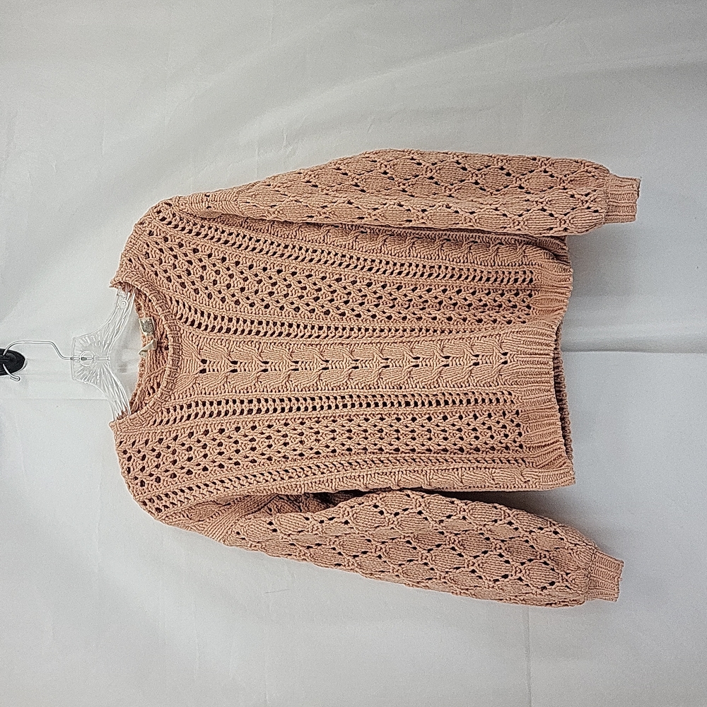 SKY AND SPARROW Peach Chunky Crochet Chenille Open Weave Crew Neck Sweater